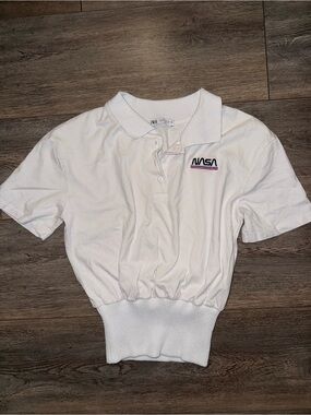 Zara White Short Sleeve Cropped Polo with Embroidered NASA Logo
